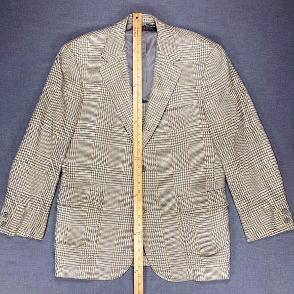 Brooks Brothers Blazer Mens 39R Tan Silk Wool Houndstooth Plaid Preppy Chic Coat - Picture 11 of 16
